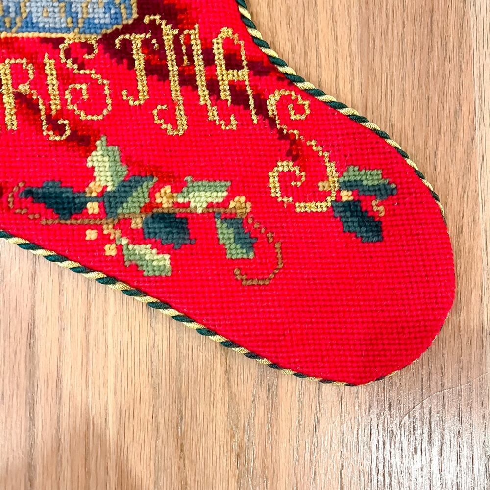 Vintage Lined Christmas Stocking Needlepoint Santa Presents Tree Velvet - Picture 7 of 8